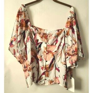 LEITH Square Neckline Off Shoulder Button Front Blouse Top Floral Crop 3X NWT